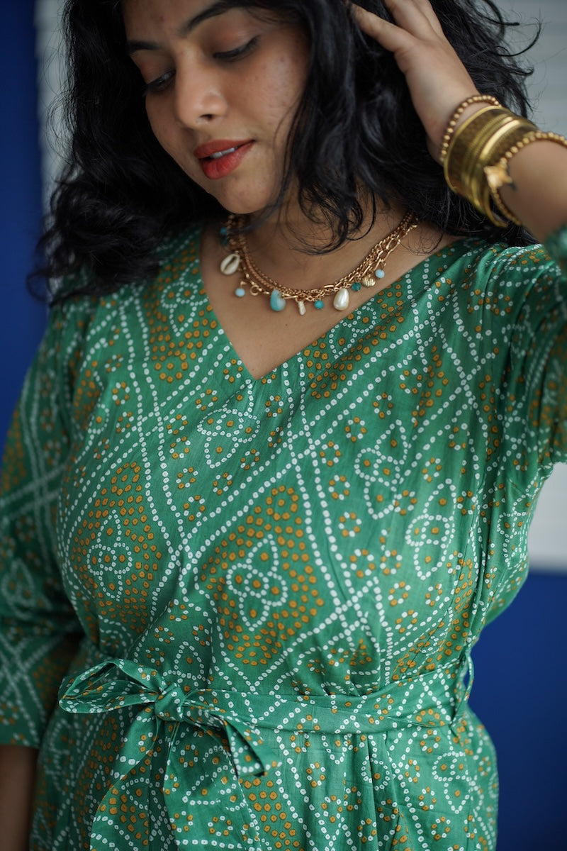 maroba green bandhini cotton aline dress