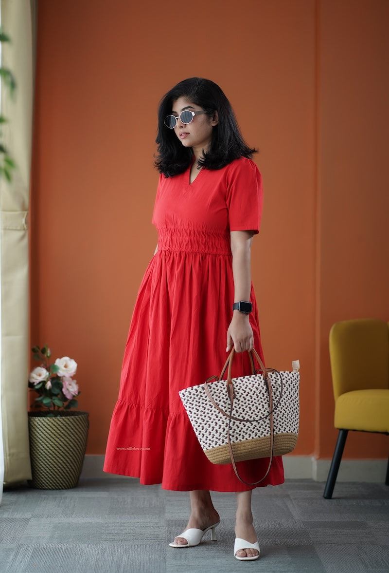 red tier dress Red Plaid Tiered Midi Dress Moda Boutique