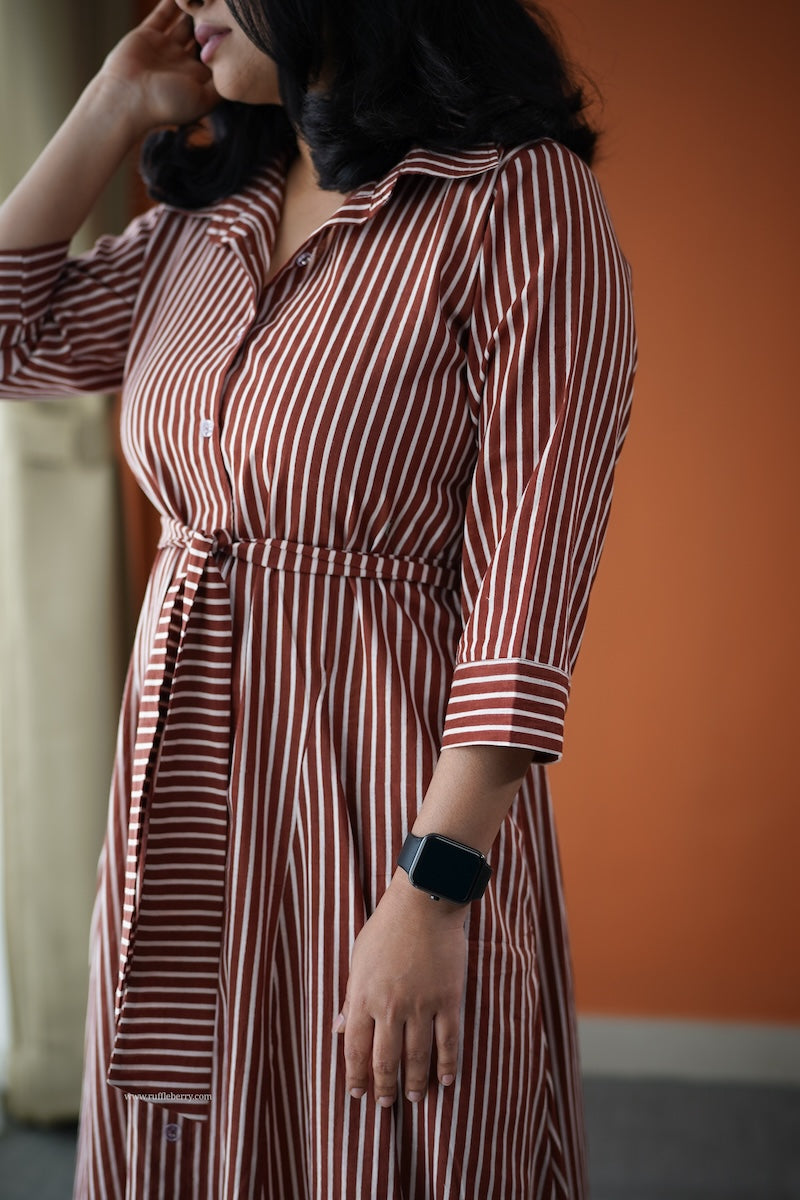 jundaze brown cotton flared shirt dress