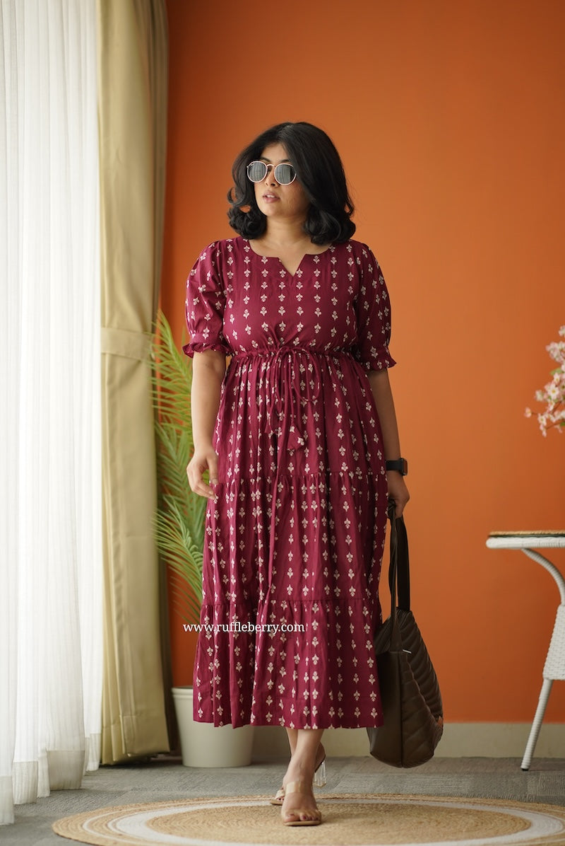 white christmas dresses Mesmerizing Maroon Pure Cotton Hand Block Printed Dress For Women –  Okhaistore