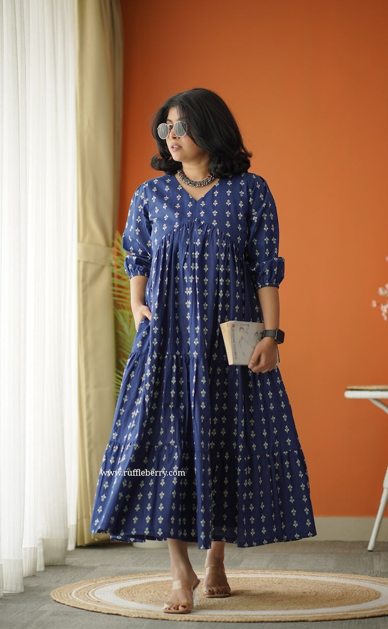 Sunshine Indigo Cotton Alia Cut Dress Ruffleberry Sunshine Indigo Cotton Alia Cut Dress Ruffleberry