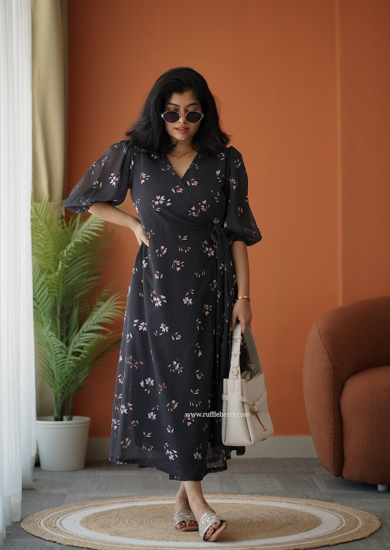 Breeze-In Black Georgette Wrap Dress  Ruffleberry