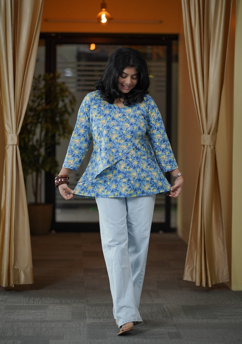 blue floral wrap style short kurti