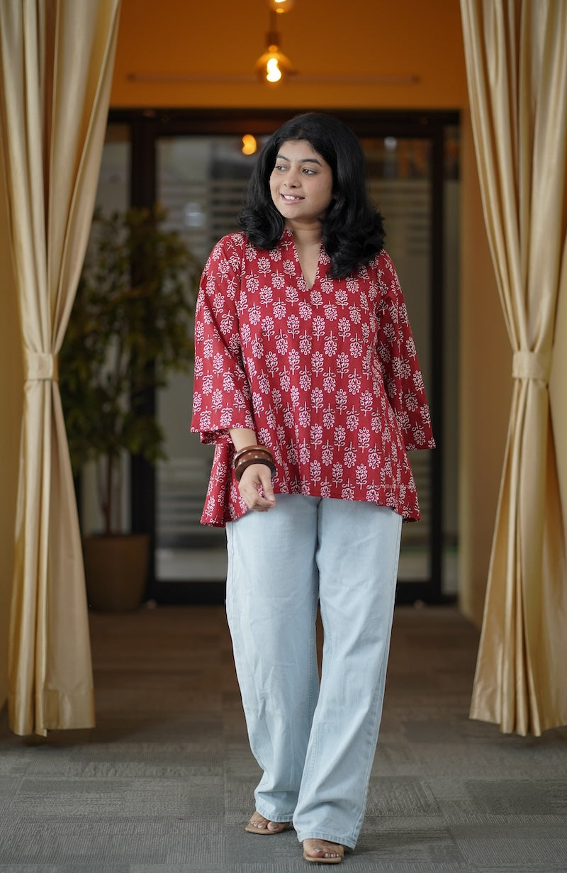 cherry red a-line short kurti