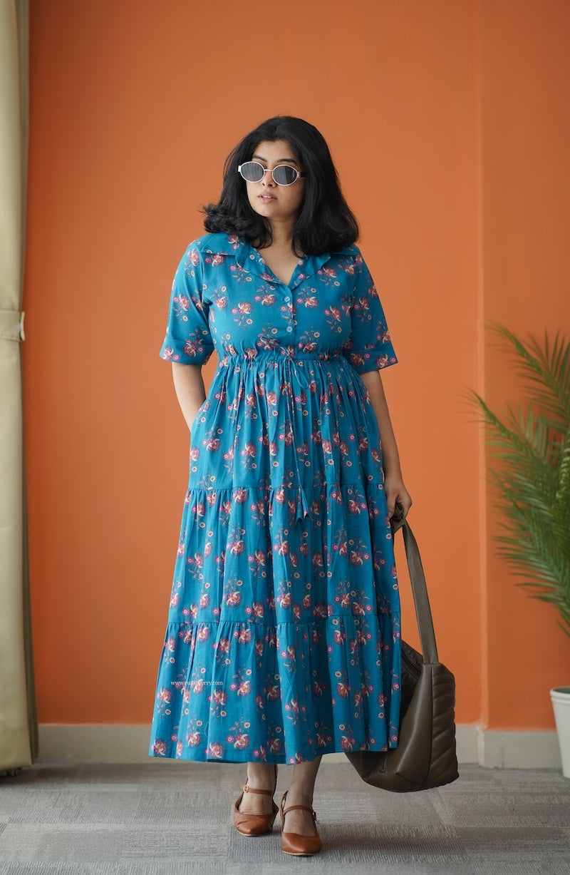 Hazelshine Teal Cotton Shirt Tier Dress Ruffleberry Hazelshine Teal Cotton Shirt Tier Dress Ruffleberry