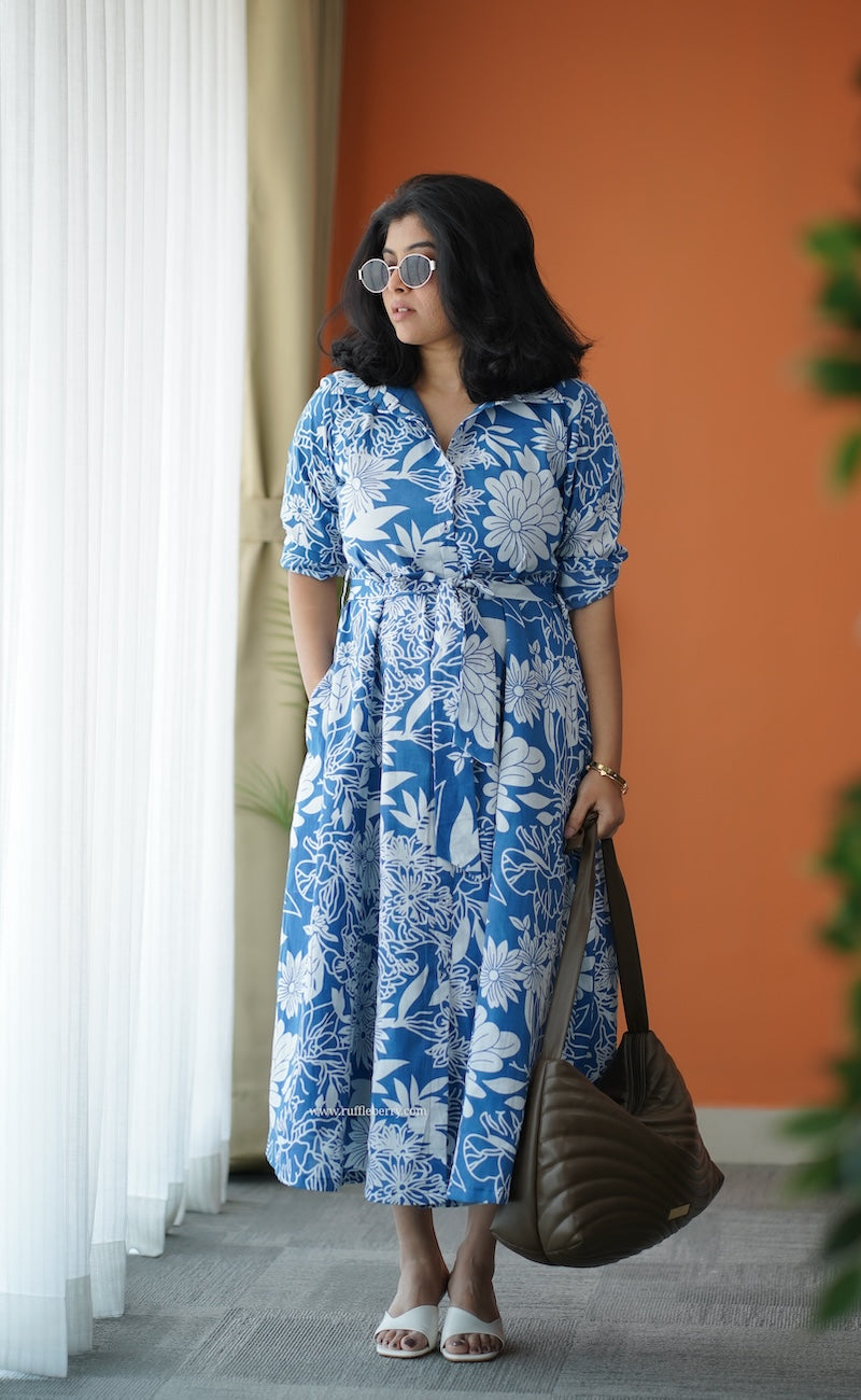 Hazelshine Blue Cotton Flared Shirt Dress – Ruffleberry