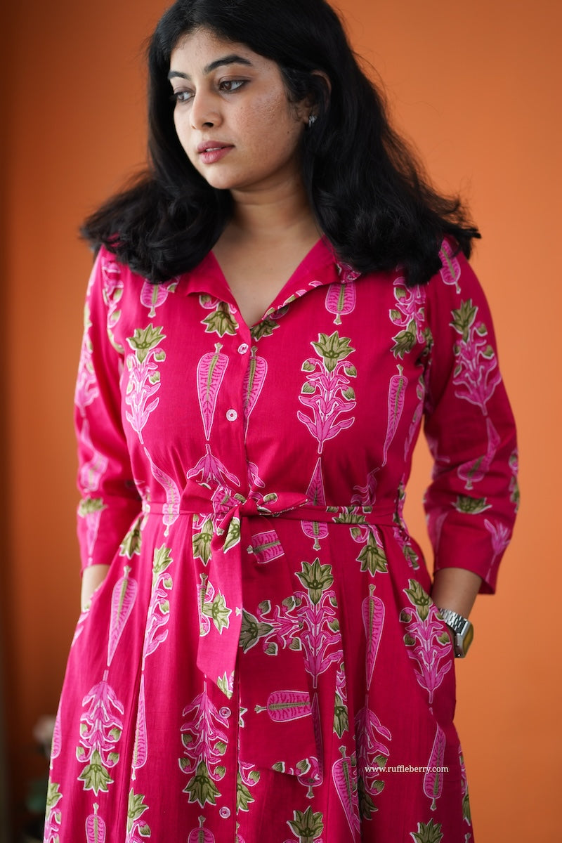 saavan pink cotton flared shirt dress