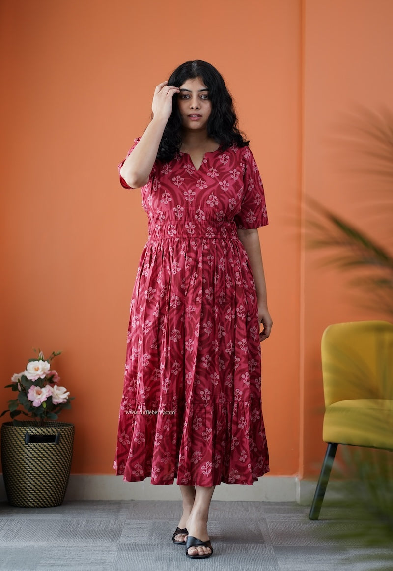 dahlia maroon cotton tier dress
