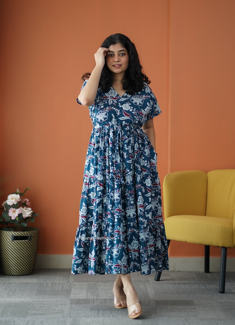 iris peacock blue cotton a-line dress