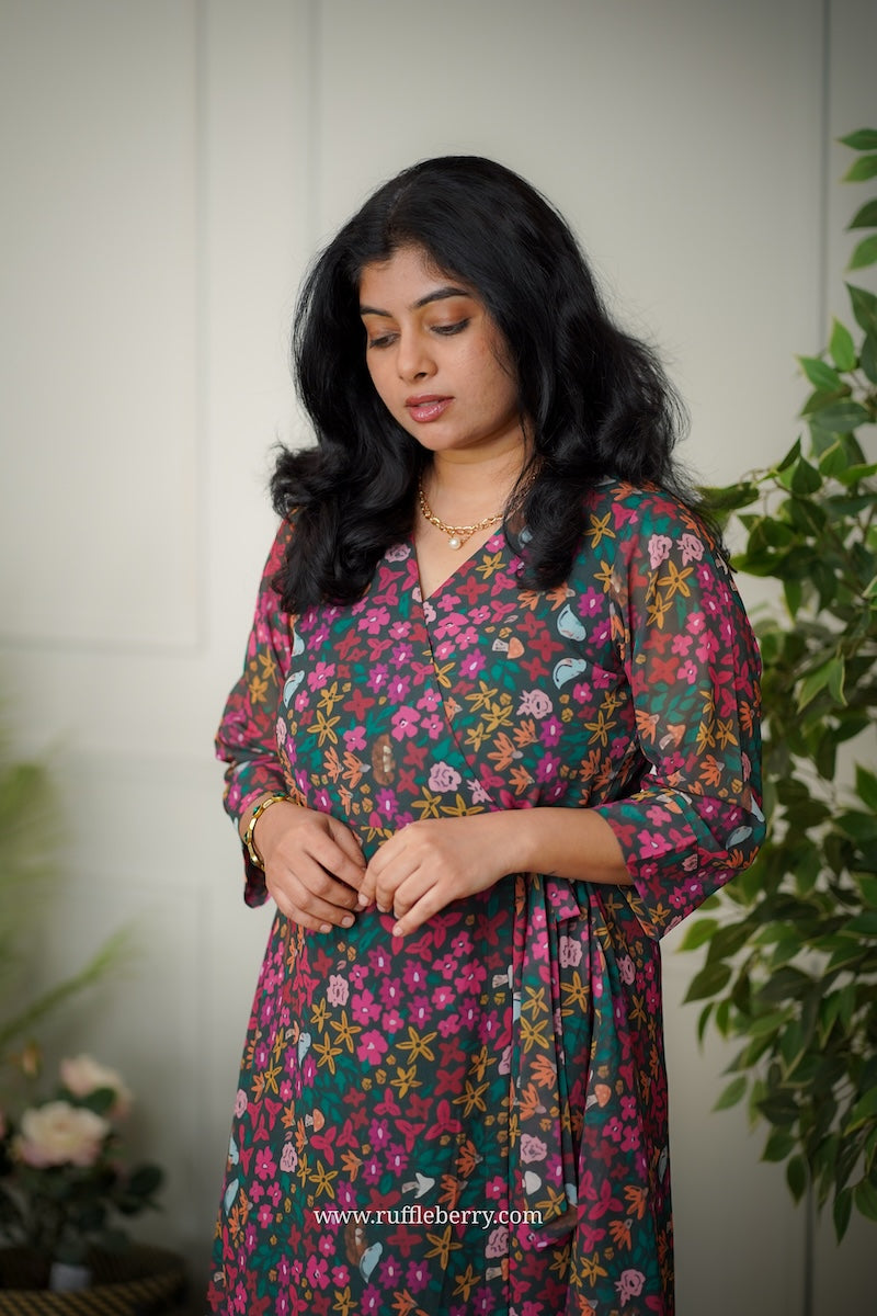 jasbi dark green georgette wrap dress