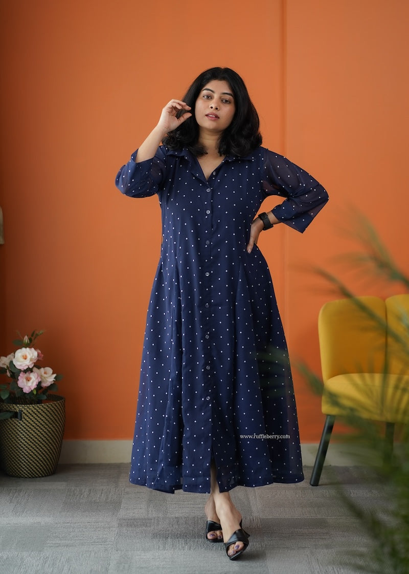 junaluv dark blue georgette flared shirt dress