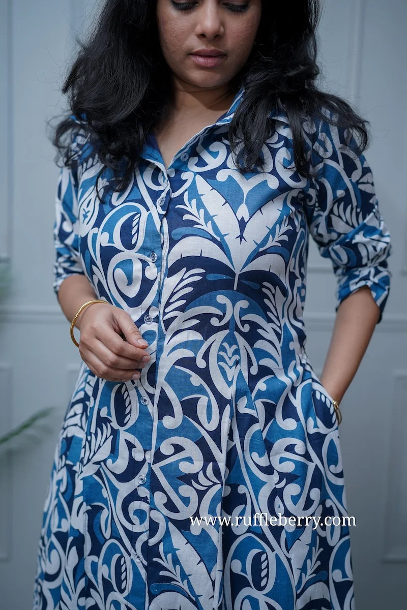 arden indigo cotton flared shirt dress