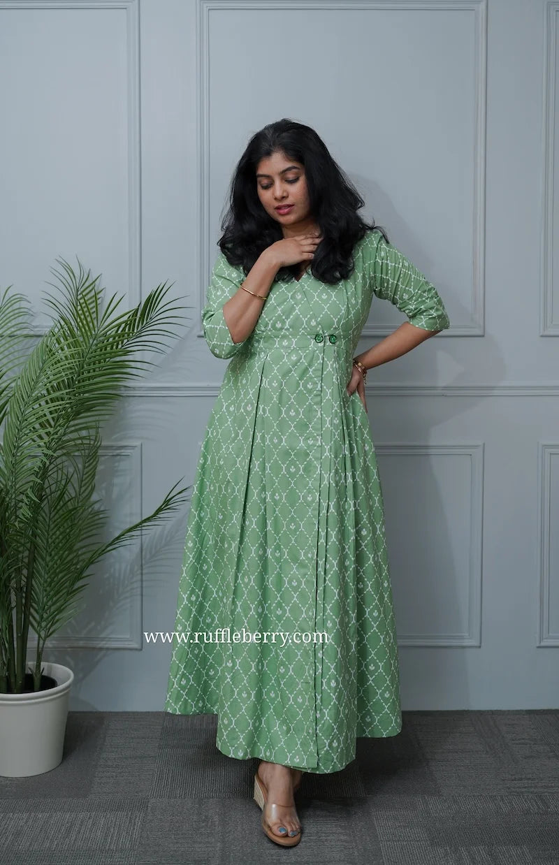 paisley green cotton button wrap dress