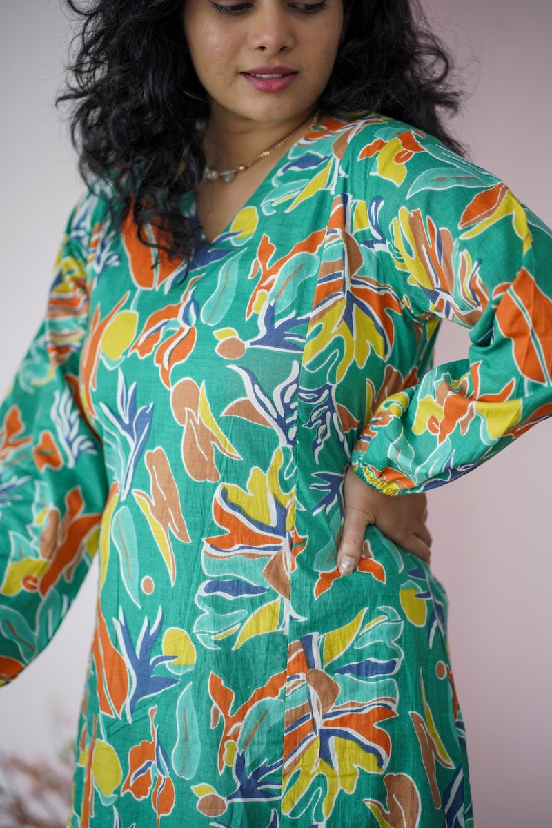 maroba tropical leaves cotton aline dress