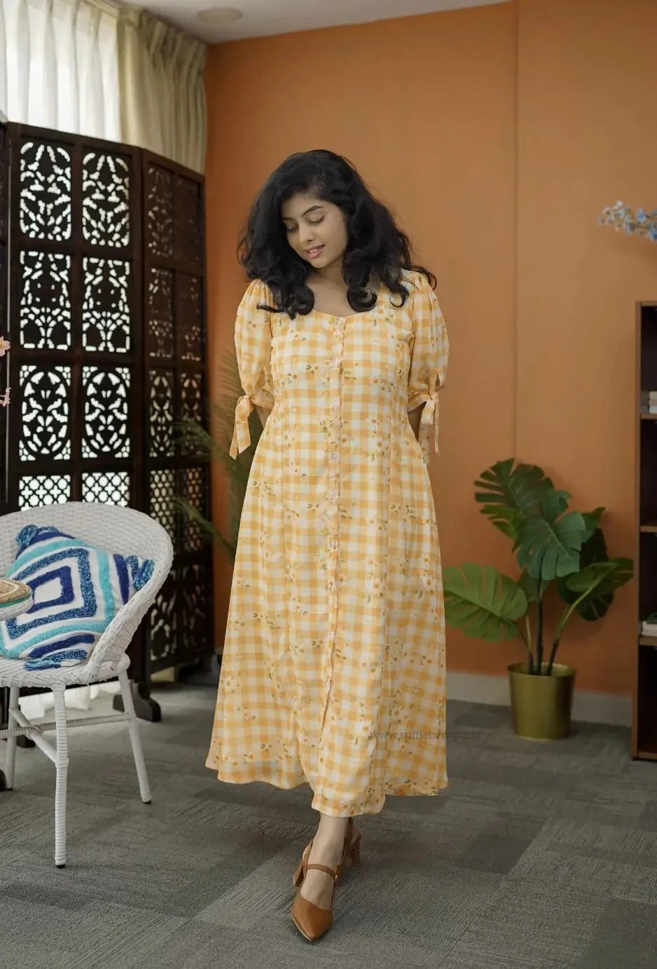 niva yellow checks georgette dress