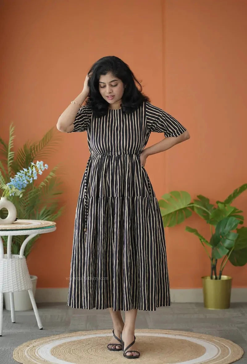 barb black striped cotton tier dress