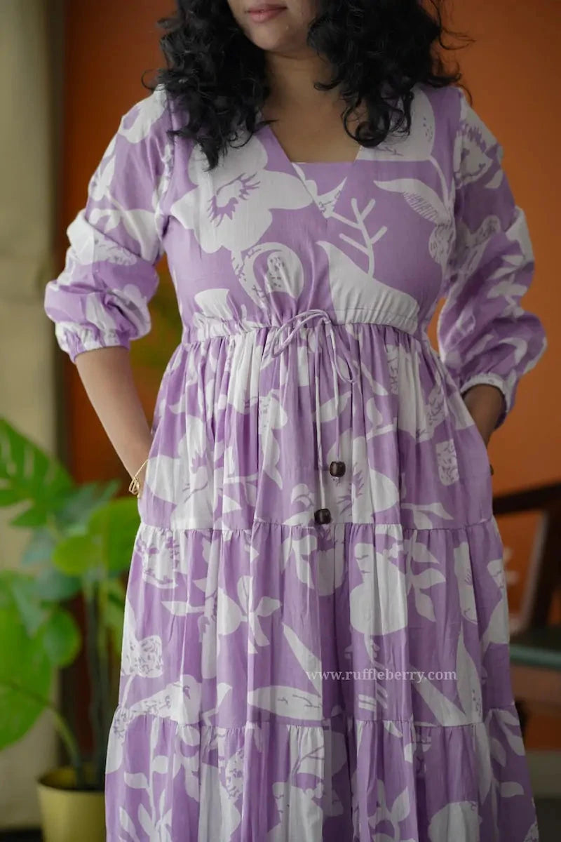 augusta violet floral cotton tier dress