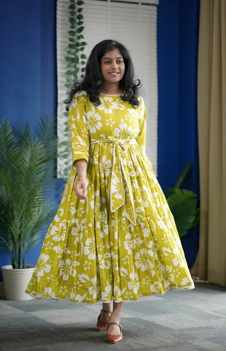 augusta limegreen floral cotton tier dress