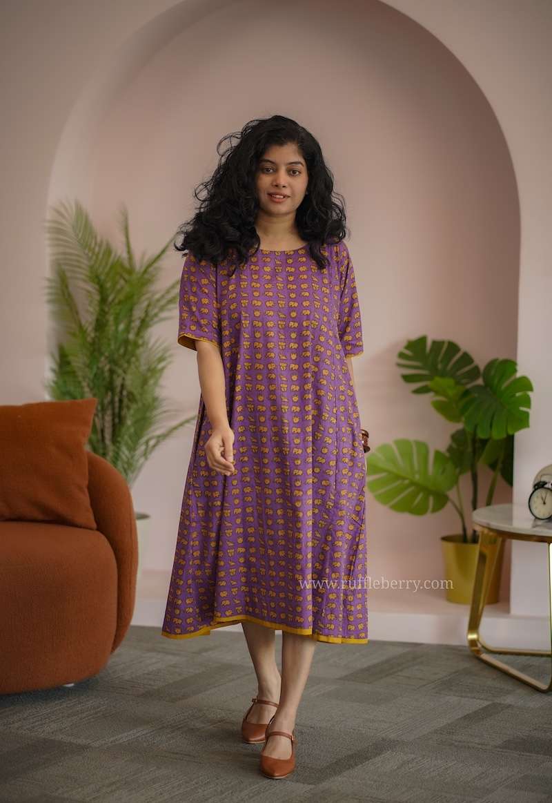 Augusta Mauve Elephant Print Cotton Dress