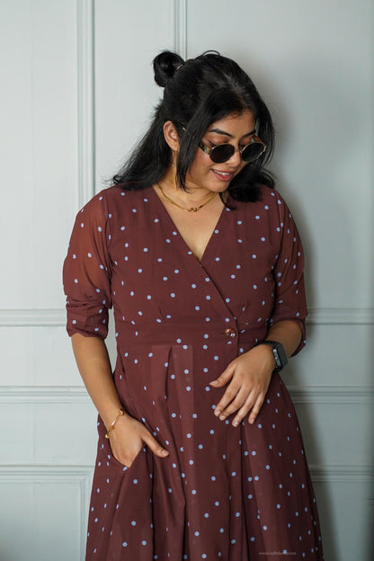 Sunburst Brown Polka Georgette Button Wrap Dress
