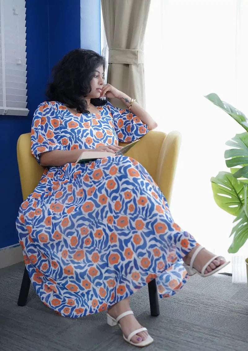 rose blue floral georgette dress