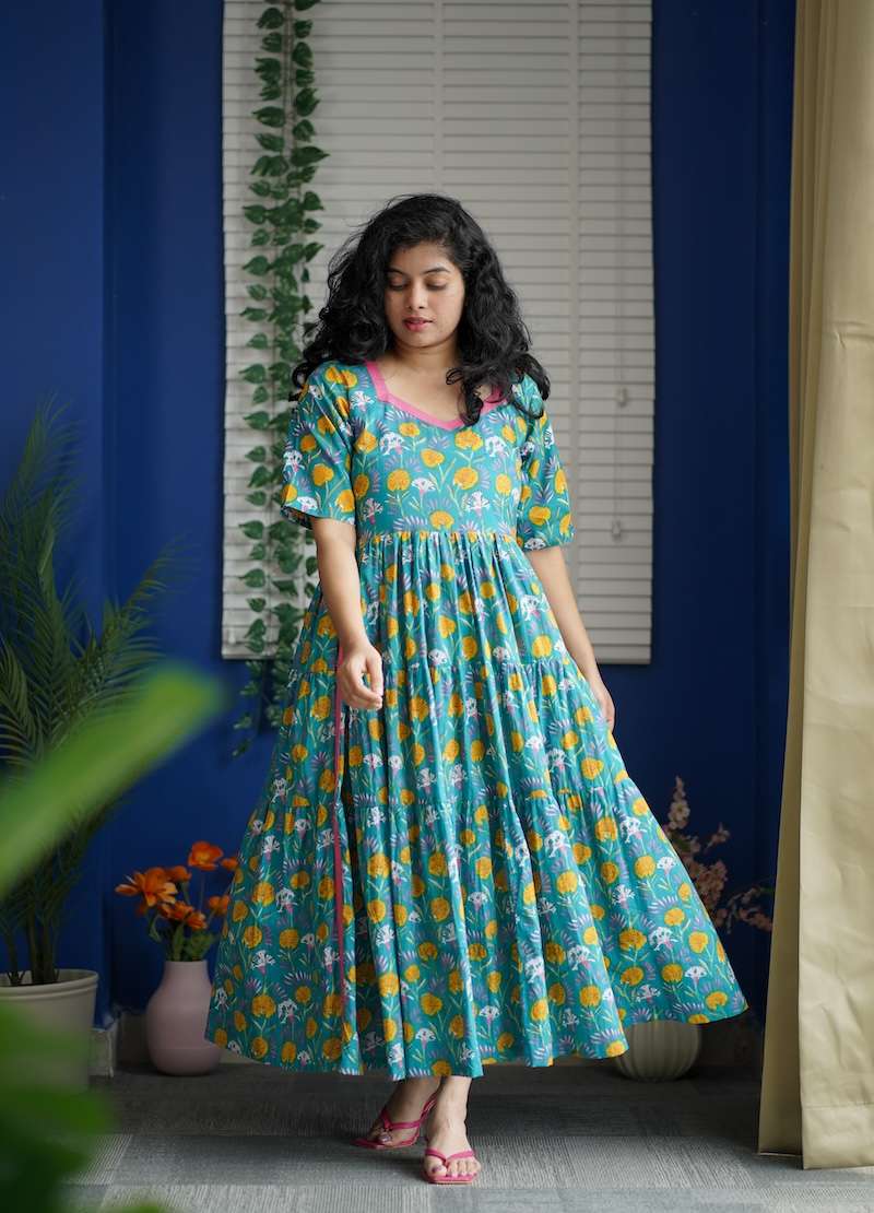 Augusta Turqoise Blue Cotton Tier Dress
