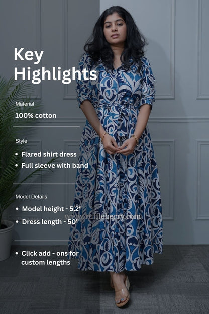 Arden Indigo Cotton Flared Shirt Dress