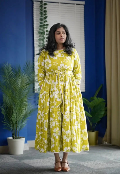 Augusta LimeGreen Floral Cotton Tier Dress