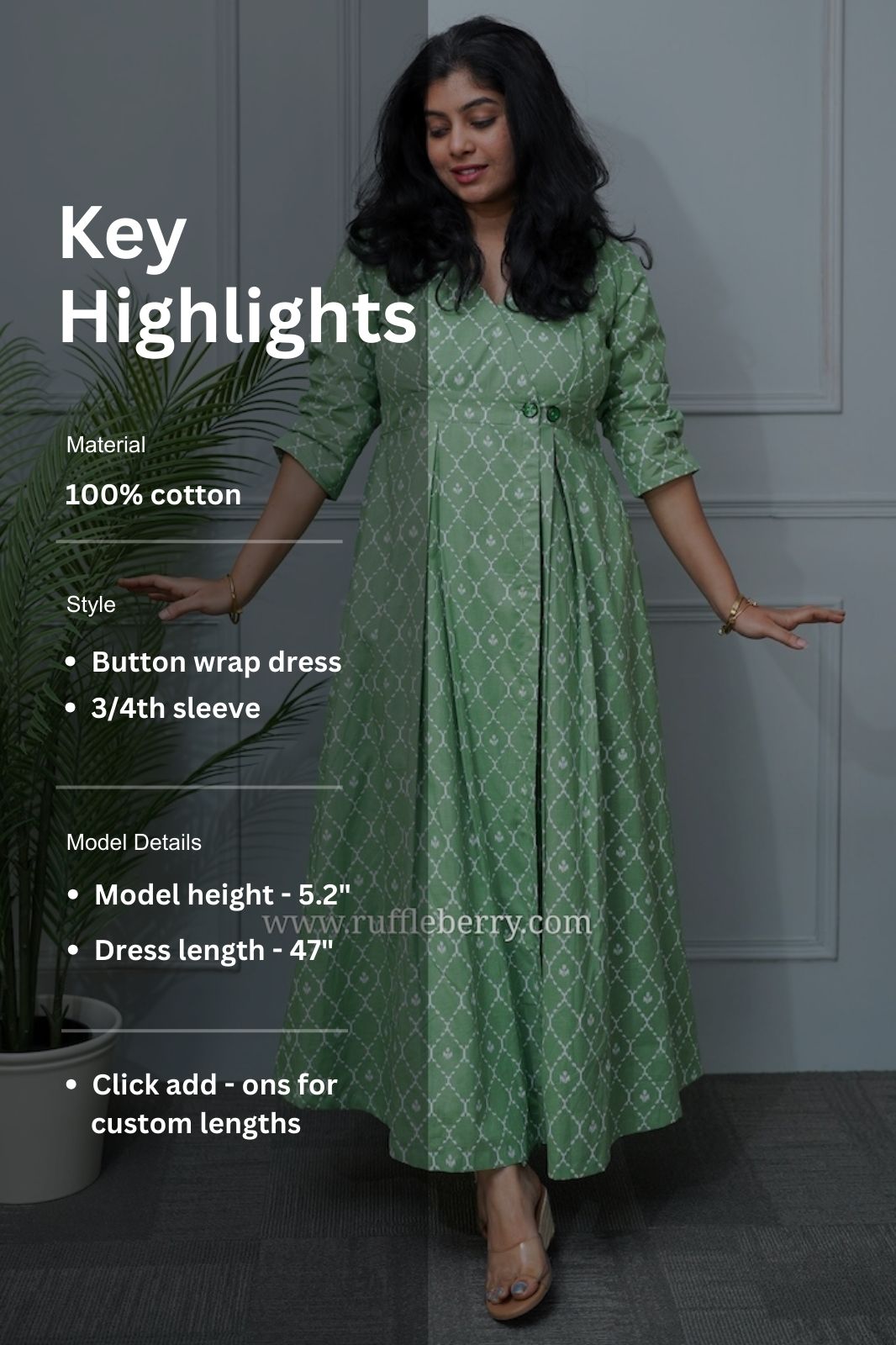 paisley green cotton button wrap dress
