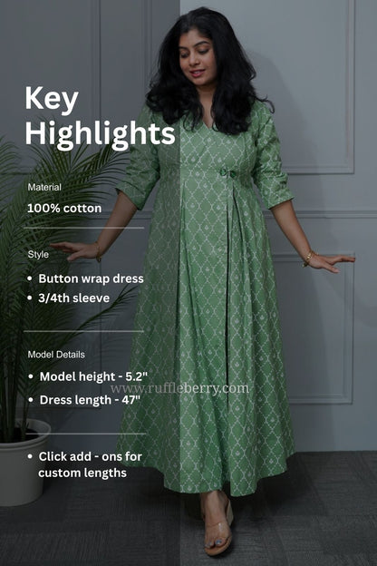 Paisley Green Cotton Button Wrap Dress