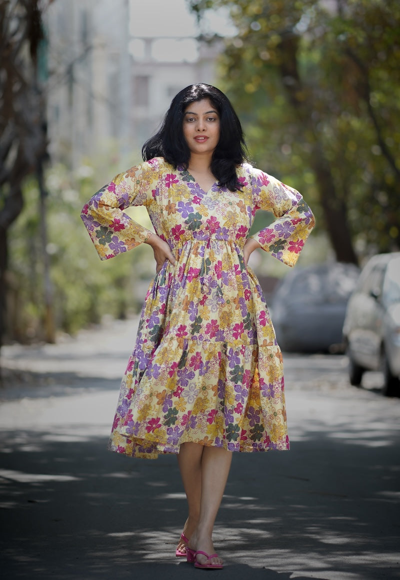 ishani floral cotton tier dress