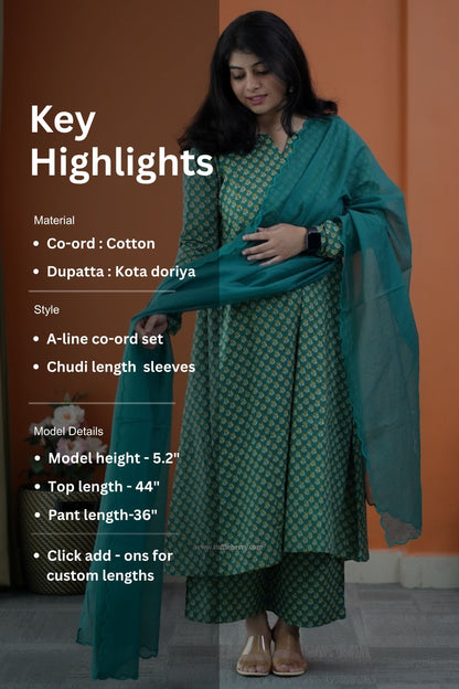Nyra Leaf Green 3-Piece Cotton Co-ord Set