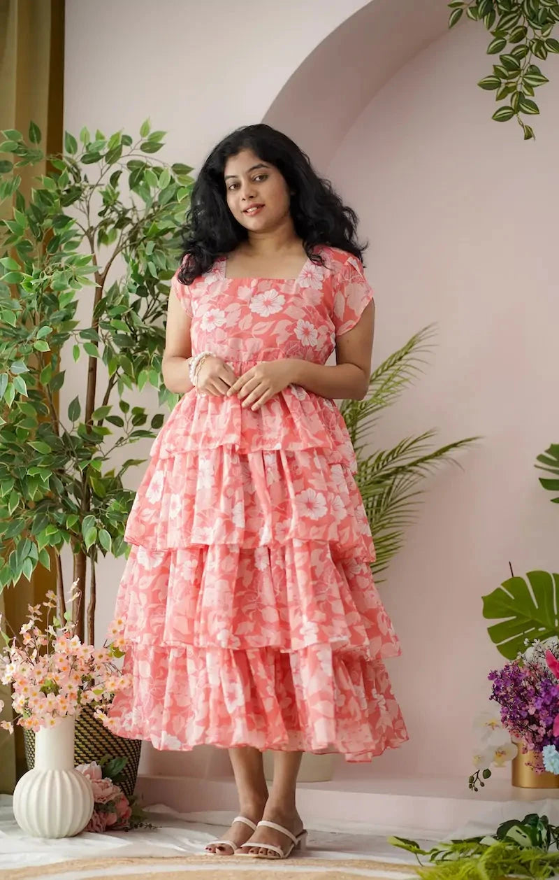 Maira Coral Georgette Layered Dress