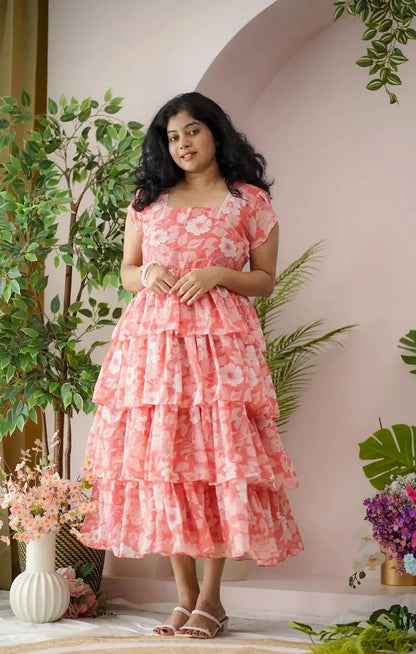 Maira Coral Georgette Layered Dress