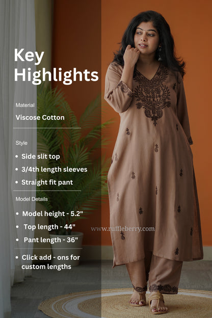 Mocha Petals Embroidered Cotton Co-ord set