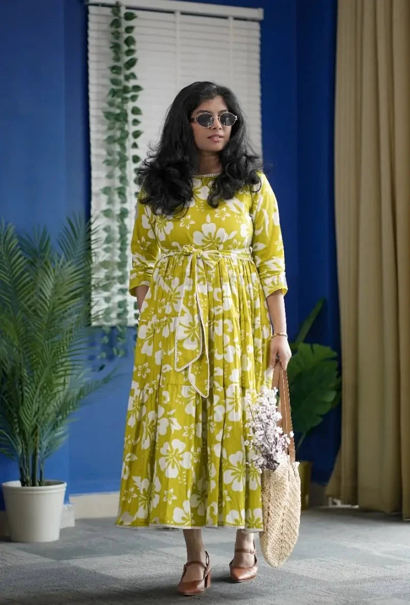 Augusta LimeGreen Floral Cotton Tier Dress