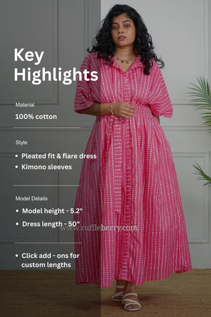 J-POP Pink Pleated Cotton Shirt Dress