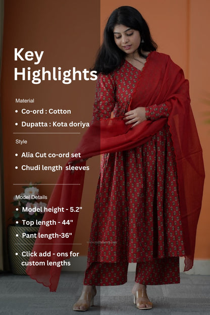 Nyra Ruby Red 3-Piece Cotton Co-ord Set