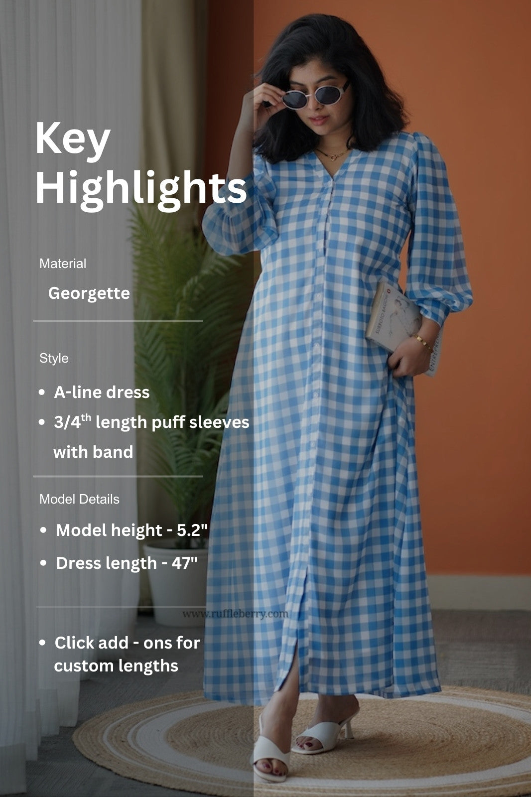 Breeze-In Blue Checks Georgette A-line Dress Ruffleberry Breeze-In Blue Checks Georgette A-line Dress Ruffleberry
