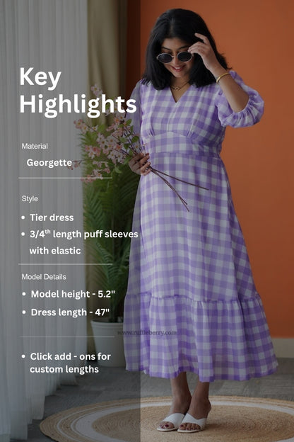 Breeze-In Lavender Checks Georgette Tier Dress