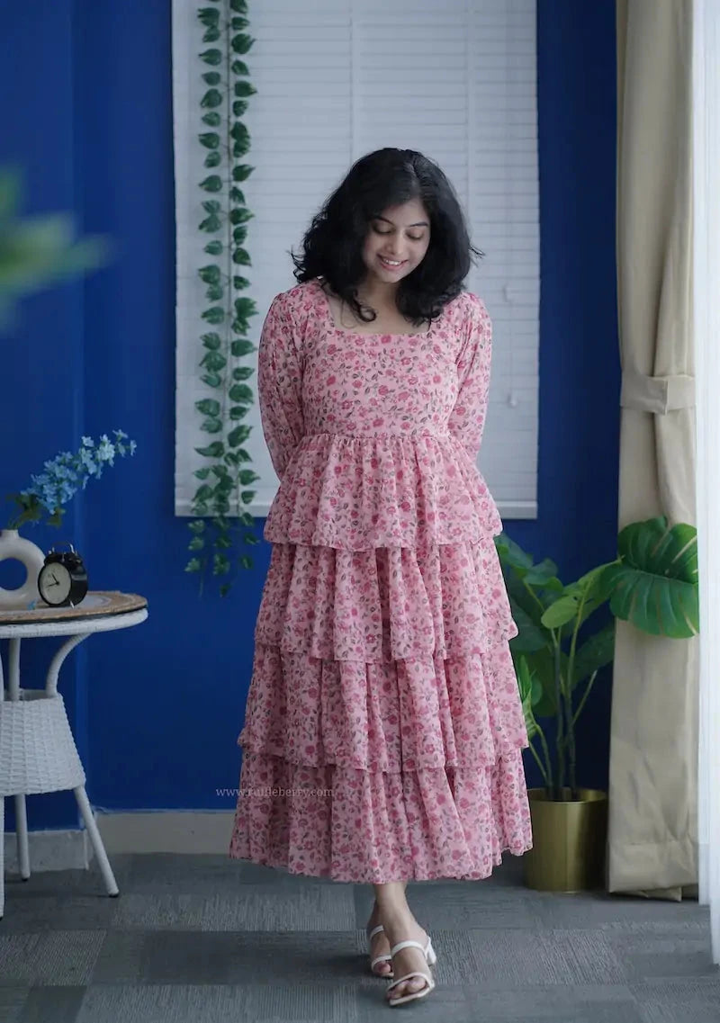 Rose Pink Georgette Layered Dress