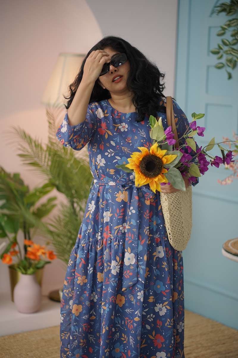 maira blue floral georgette dress