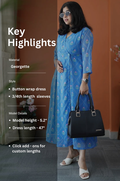 JunaLuv Blue Georgette Button Wrap Dress