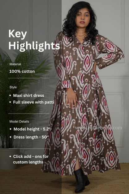 J-POP Brown Cotton Flared Shirt Dress