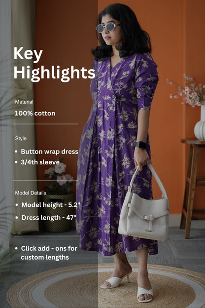 Jundaze Violet Cotton Button Wrap Dress