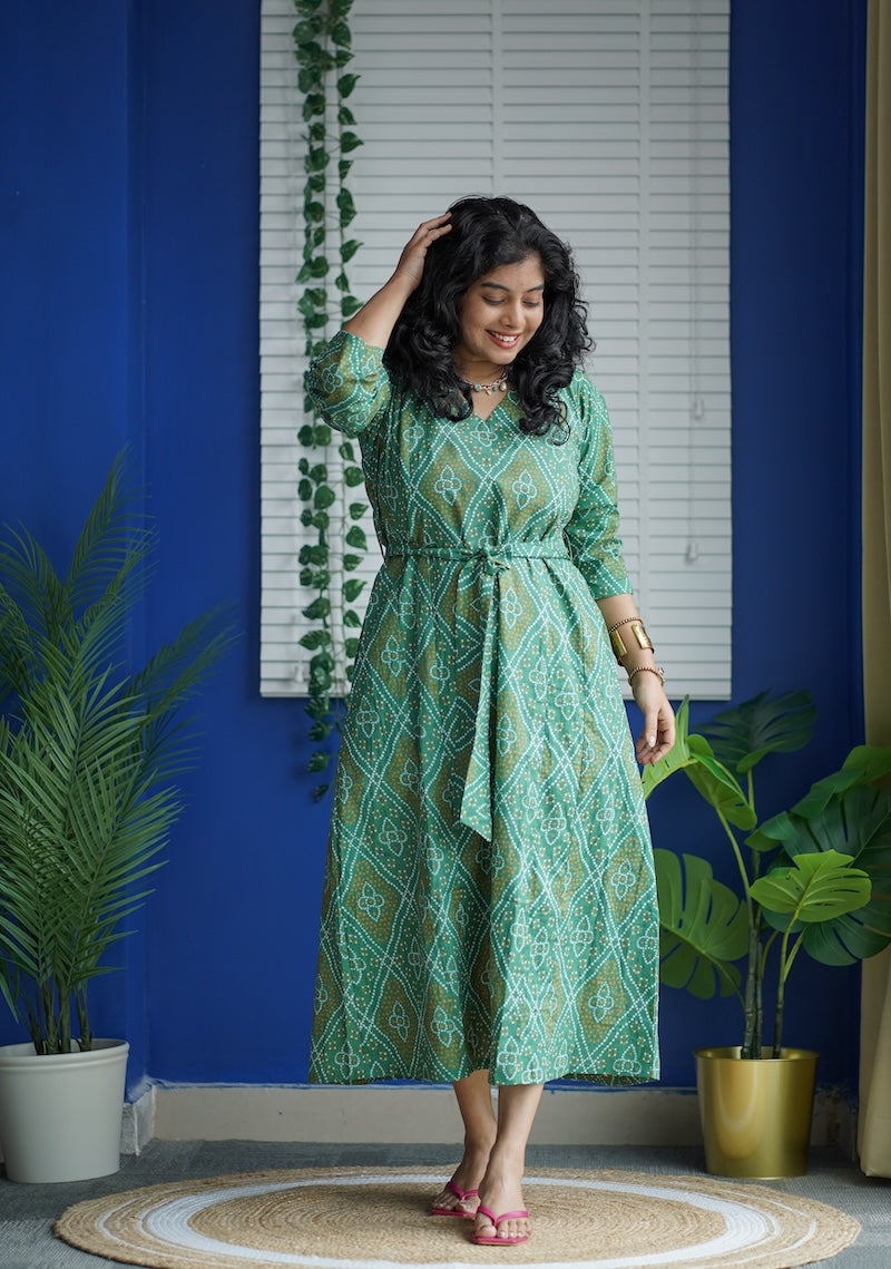 maroba green bandhini cotton aline dress