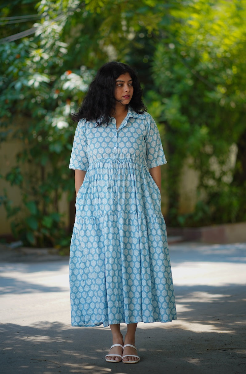 Laya LightBlue Cotton Tier Dress