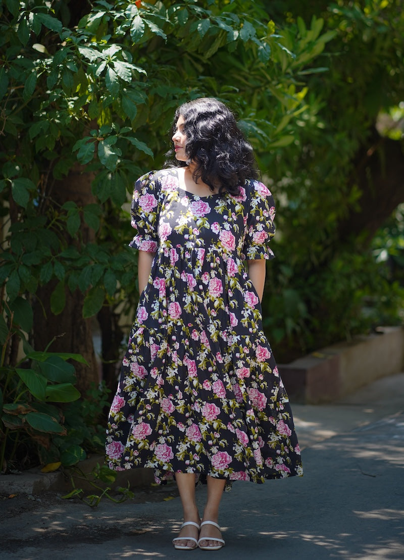 viya blackrose cotton tier dress