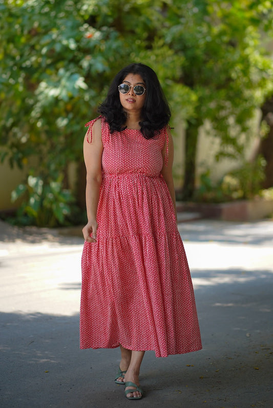 Chelsea Coral Red Cotton Tier Dress