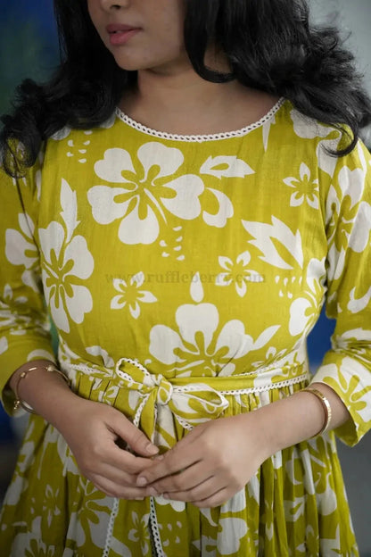 Augusta LimeGreen Floral Cotton Tier Dress